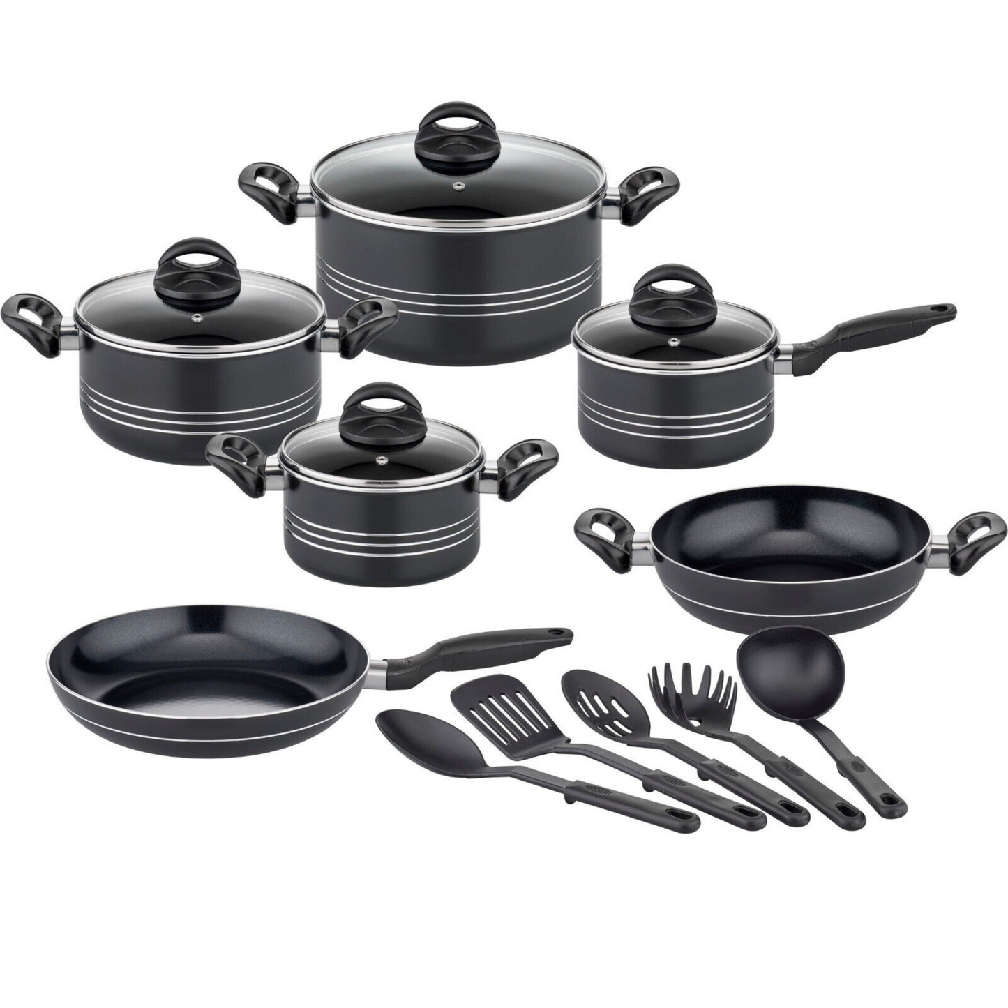 GSW Topf-Set Milano Nero 15-tlg Induktion Antihaftbeschichtung mit Küchenhelfern